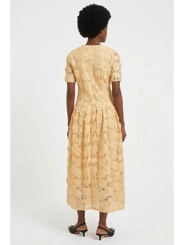 NWT Misook Lace Pleated Drop Waist Maxi in Pale Gold Applique Petal Dress XS - Image 2