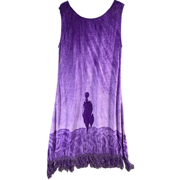 Vintage Magic Shift Dress Womens L Purple Abstract Print Fringe Hem Boho Artsy - Image 5