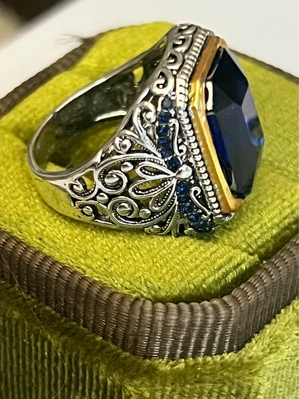 Silver Ottoman Style Large Sapphire Gemstone Ring Size 6 - Image 3