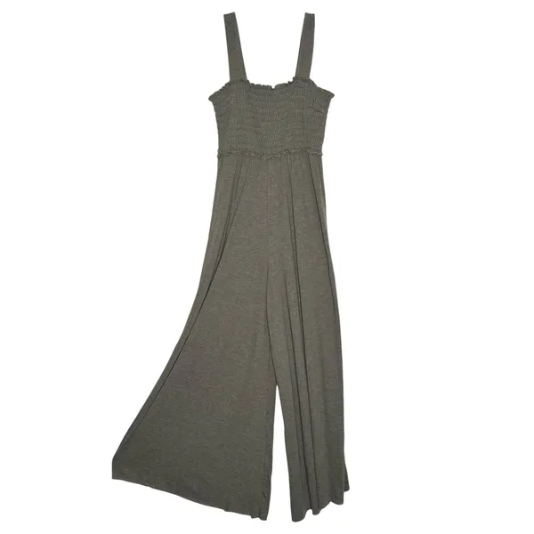 Natural Life Smocked Wide Leg Jumpsuit Green L Palazzo Stretch Flowy Boho Casual - Image 2