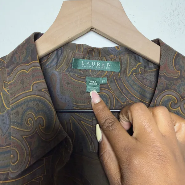 Lauren Ralph Lauren Women 100% Cotton Shirt 2X Brown Paisley Long Sleeve Button - Image 3