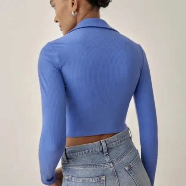 Reformation Elin Ribbed Cropped Ruched Button Up Knit Top in Dusk Blue - Image 2