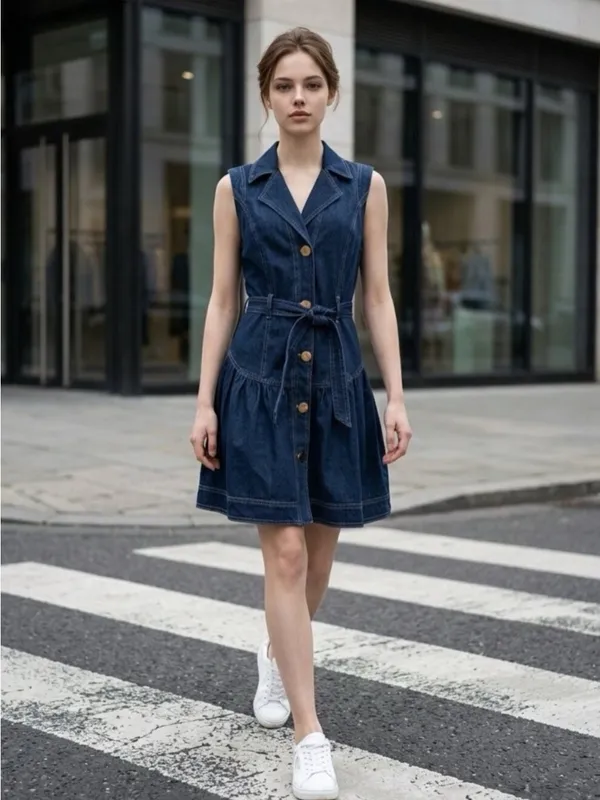 Tahari Dark Blue Denim Sleeveless Button Dress with Tie Waist - Image 2