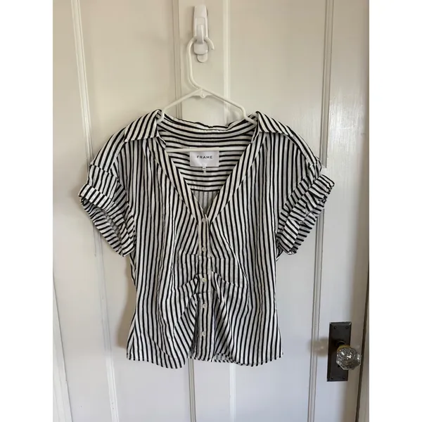 Frame striped linen blend shirred short sleeve top size medium - Image 2