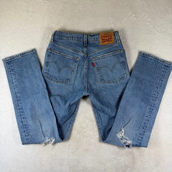 Levis 501 Original Fit Jeans Light Wash Distress High Rise Straight Leg Denim 25 - Image 2