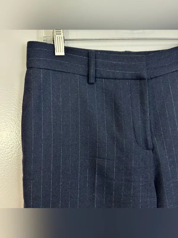 Equiptment Navy Blue Wool Blend Metallic Pinstripe Wide Leg Trouser Pants Sie 6 - Image 3