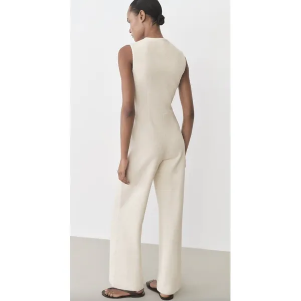 MANGO Sleeveless Tweed Jumpsuit in Cream Size Small - Image 9
