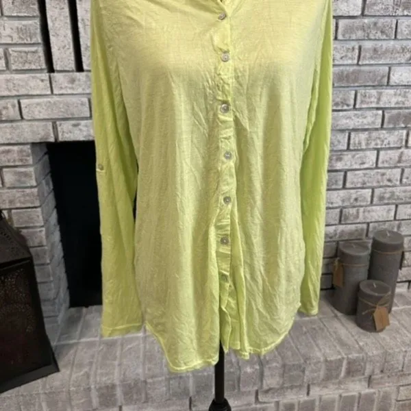 Lulu-B Womens Lightweight Tab‎ Sleeve Button Up Top Green Small Gauzy - Image 14