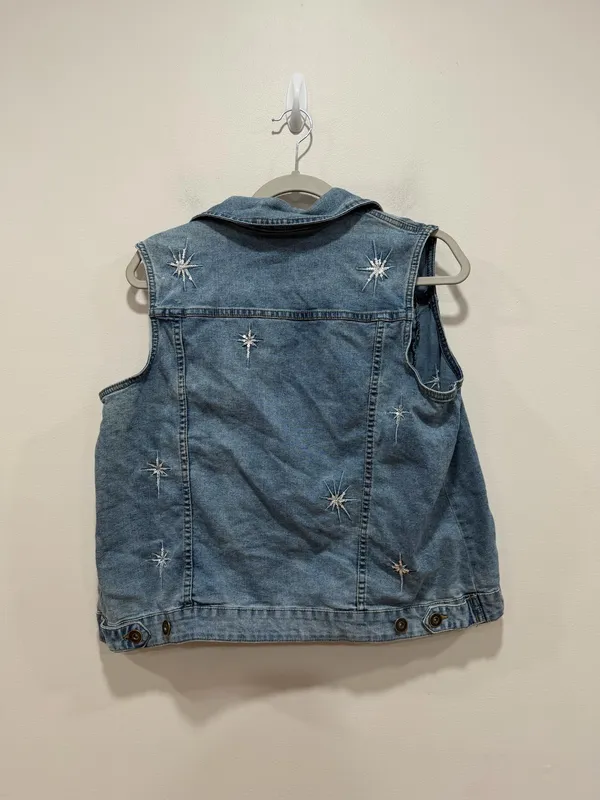 Baccini Embellished Denim Vest Sleeveless Jean Jacket Sequin Stars Size Large - Image 7