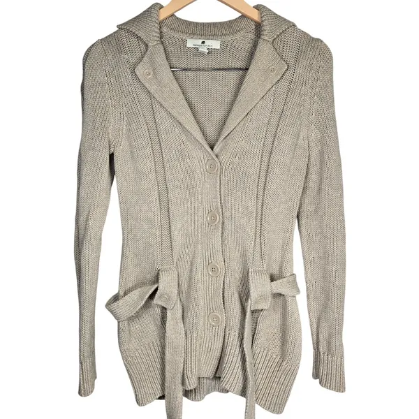 Banana Republic Womens Small Beige Organic‎ Cotton Belted Button Knit Cardigan - Image 3