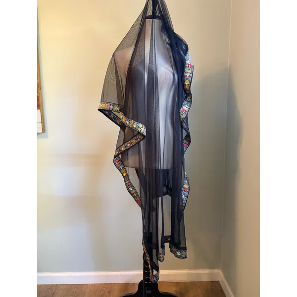 Black Mesh Dupatta Scarf MultiColor Floral Embroidery Mirror Work boho whimsigot - Image 5