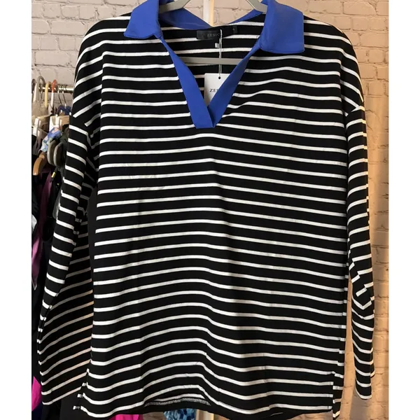 Women’s Striped Johnny Collar Long Sleeve T-Shirt Black /white Small - Image 3