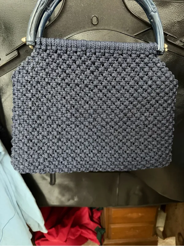 Vintage Navy Heavy Macrame Navy 2-Handled Shoulder Bag/Purse Open Top - Image 3