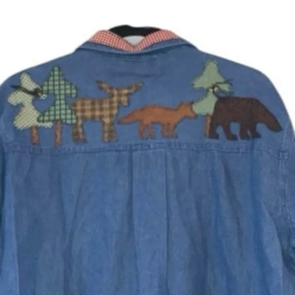 Vintage Santa Claus Embroidered Denim Button-Down Whimsical Folk‎ Art Haiks Med - Image 6