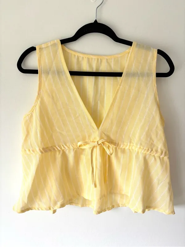 Butter Yellow 2 Piece Set White Stripes Flowy Pant Cropped Tank Top Travel Beach - Image 2