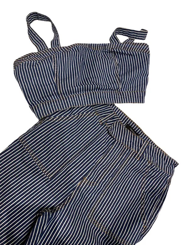 Forever 21 Striped Denim Crop Top and Wide Leg Jean 2 Piece Set Size Small - Image 11