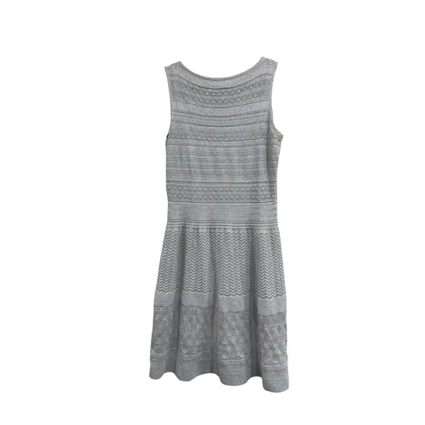 Lauren Ralph Lauren Silver Metallic Knit Pointelle Fit & Flare Festive Dress L - Image 3