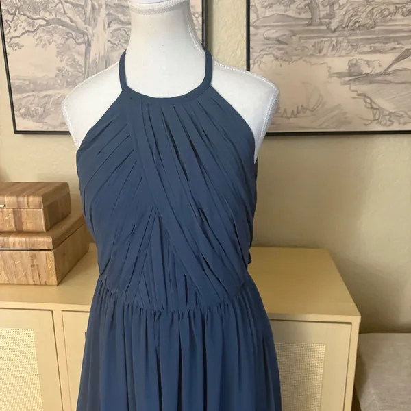 THEIA Allison Backless High Neck Bridesmaid‎ Dress in Denim Slate Blue Sz 10 - Image 4