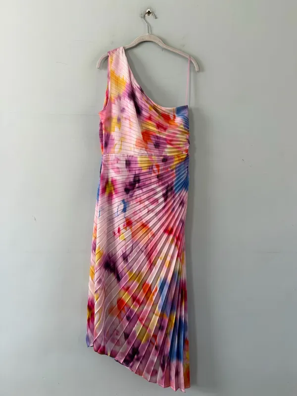 NWT Belle Badgley Mischka Kelsey Pleated Pink Multi Asymmetric Midi‎ Dress - Image 3