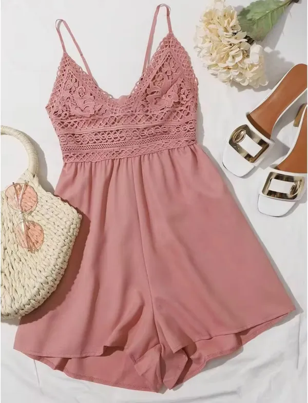 SheIn Contrast Crochet Lace Self-Tie Cami Romper - Image 2
