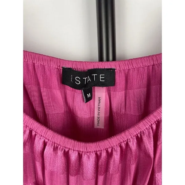 1.STATE‎ Hot Pink Shadow Stripe Puff Sleeve Shirred Waist Square Neck Top Sz M - Image 4
