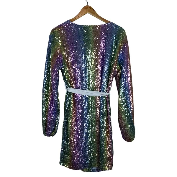 Boohoo Rainbow Sequin Wrap Mini Dress Multi Color Festival Party Sparkly Size 6 - Image 4