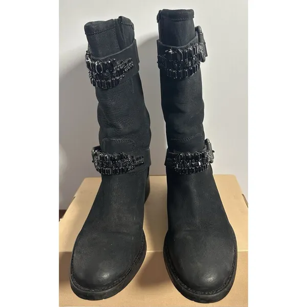 Vera Wang Lavender Label Uma Embellished Black Leather Moto Biker Boots Sz 7.5 - Image 6