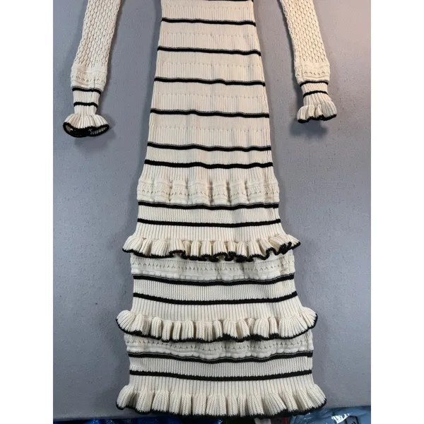 Kivari Cream Black Striped Ruffle Knit Maxi Dress Long Sleeve Size US 4 - Image 3