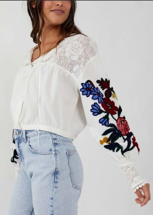 Free People Meadows Floral Embroidered Crop Blouse - Image 2