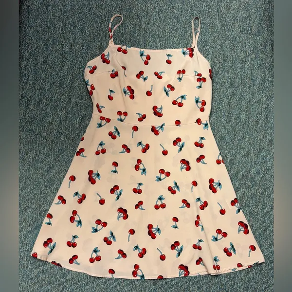 Cherry Print Spaghetti Strap Mini Dress Back Zip Closure Size Medium Red - Image 3
