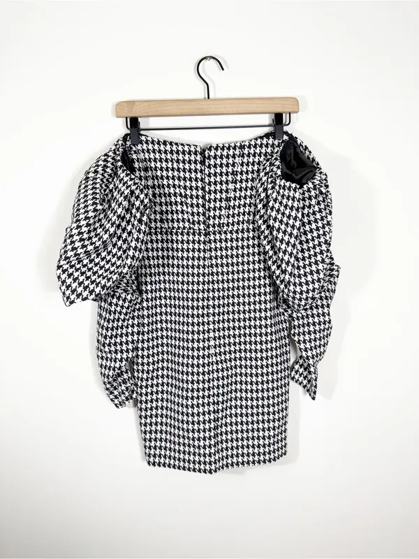 Miss Circle Yesly Houndstooth Puff Sleeve Off the Shoulder Mini Dress Small - Image 3