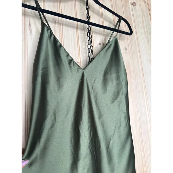 Lulus Exquisitely Chic Olive Green Satin Backless Slip Midi Dress Wedding Small - Image 4