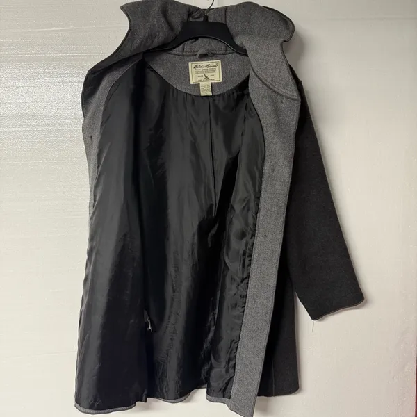 Vintage Eddie Bauer Coat Women M Gray Hood Button Front Wool Nylon Blend Pockets - Image 6