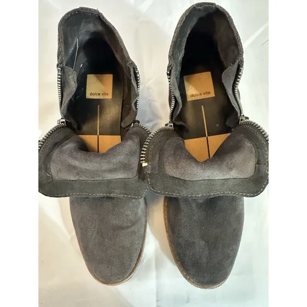 Dolce Vita Sutton Gray Suede Leather Ankle Boots Double Zip Stacked Heel 8.5 - Image 4