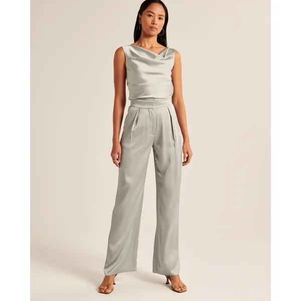 Abercrombie and Fitch Satin Tailored Wide Leg Pant Sage Size 33 Long - Image 2