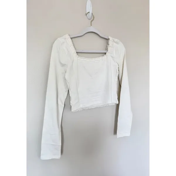 Free People Ivory Lace Trim Square Neck Long Sleeve Crop Top Size Small NEW‎ - Image 6