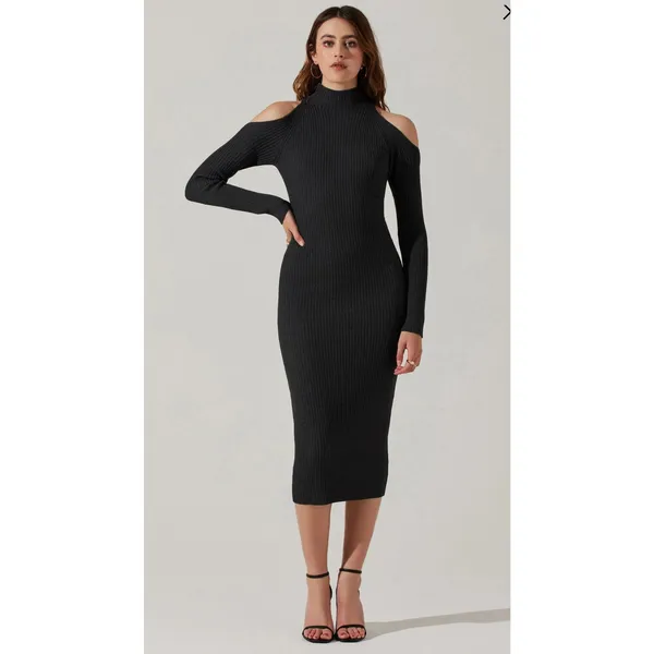 ASTR the Label Cold Shoulder Mock Neck Midi Sweater Dress in Charcoal. XS. NWOT - Image 3