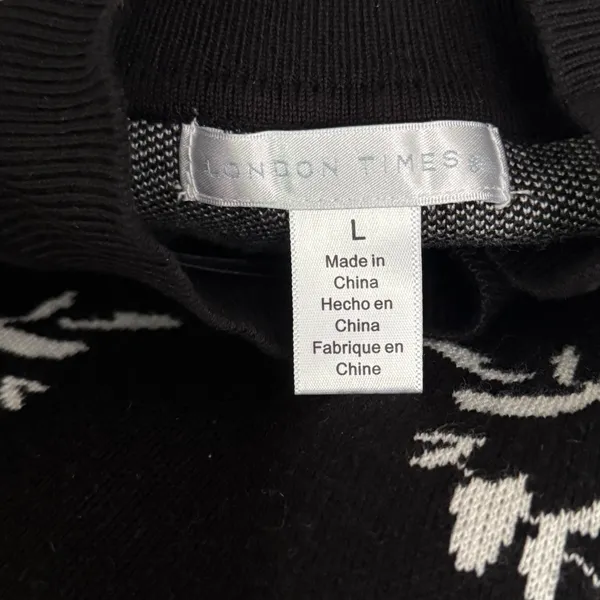 London Times Black White Floral Knit Sweater Dress Mock Neck Bell Sleeve Large - Image 5