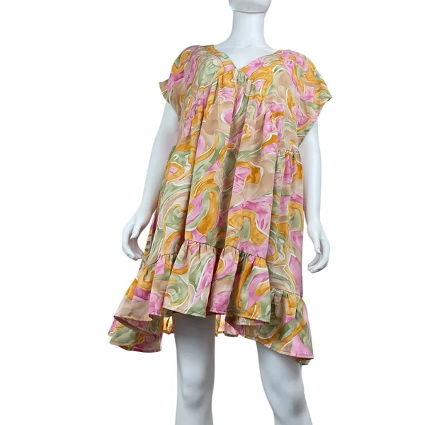 Entro‎ Floral V-Neck Short Sleeve Babydoll Mini High Low Dress Size Large - Image 5