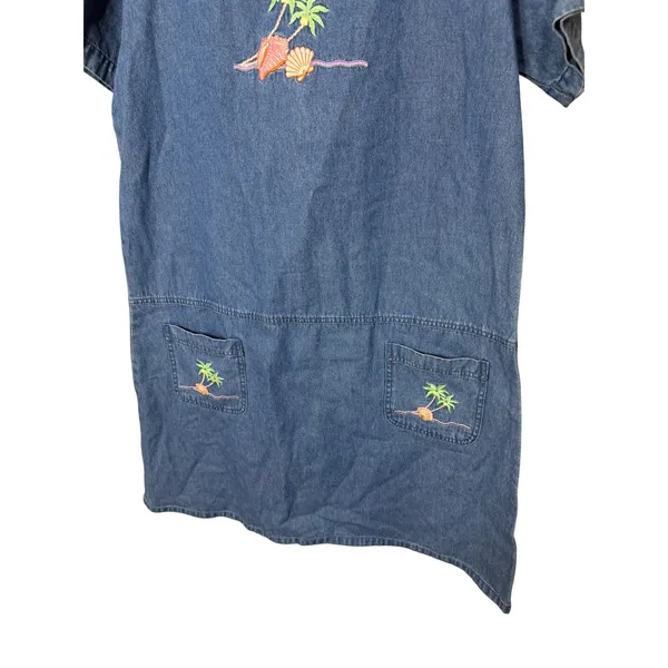 Blue‎ J Vintage Denim Shift Dress Large Tropical Palm Tree Shell Embroidery L - Image 3