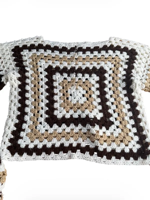 Vintage Handmade Crochet Granny Square Sweater Pullover Boho Neutral Cream Brown - Image 4