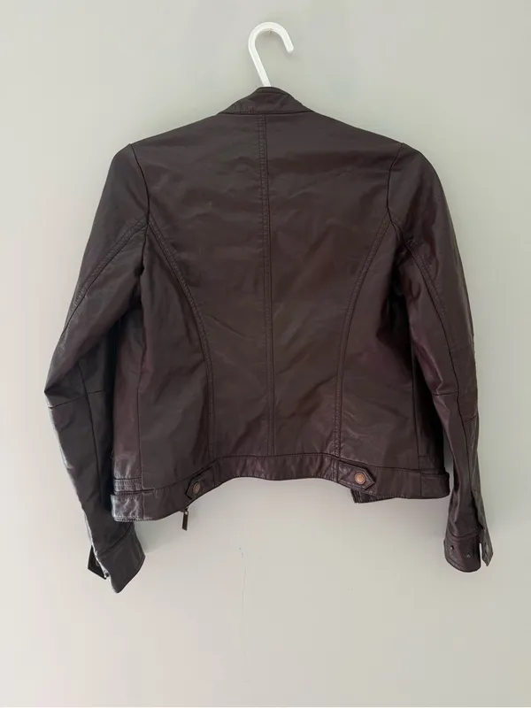 Jou Jou Brown Faux Leather Moto Jacket Zip Pockets Size XS - Image 6