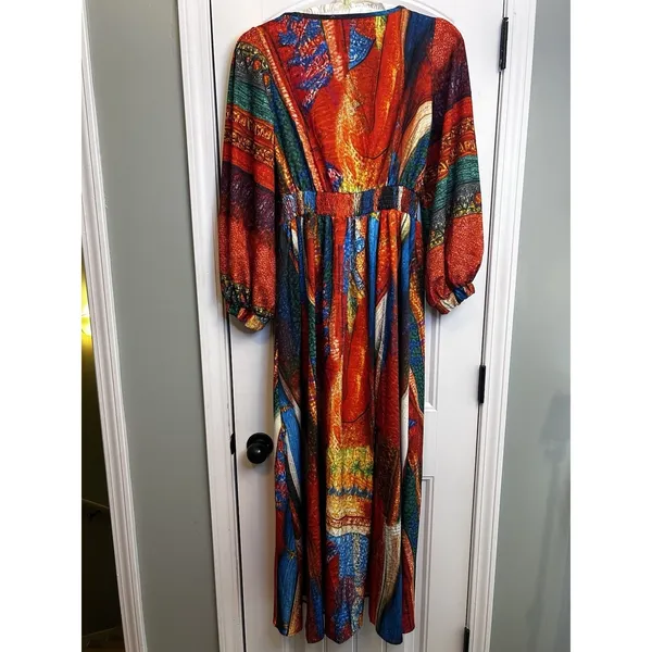 Women’s L Multicolor Abstract V-Neck Smocked Waist 3/4 Balloon Sleeve Maxi - Image 11