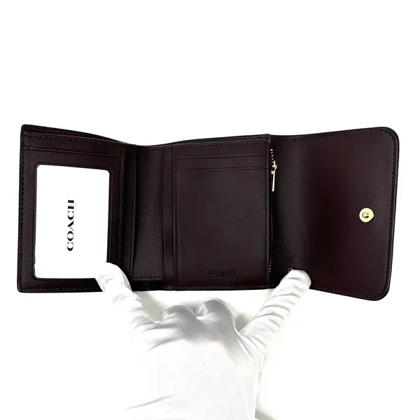 Coach Small Trifold Wallet In Blocked Signature Canvas Brown Black Leather CE930 - Image 5
