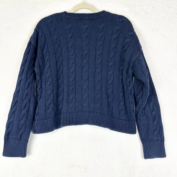 Lauren Ralph Lauren Cropped Cable Knit Sweater Size XL Navy Blue Cotton Classic - Image 2