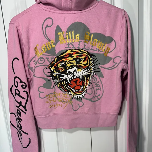 Ed Hardy Hoodie Womens Large Pink Love Kills Tiger Full Zip Cropped Sweatshirt - Image 8