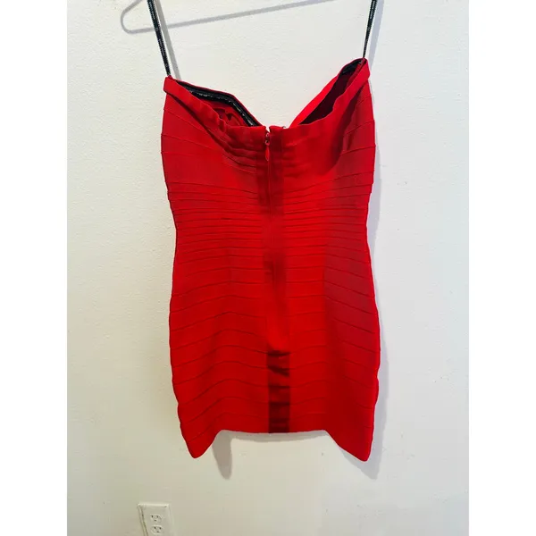 HERVE LEGER Fire Red Isla Signature Bandage Strapless Sleek Sculpted Dress sz S - Image 12
