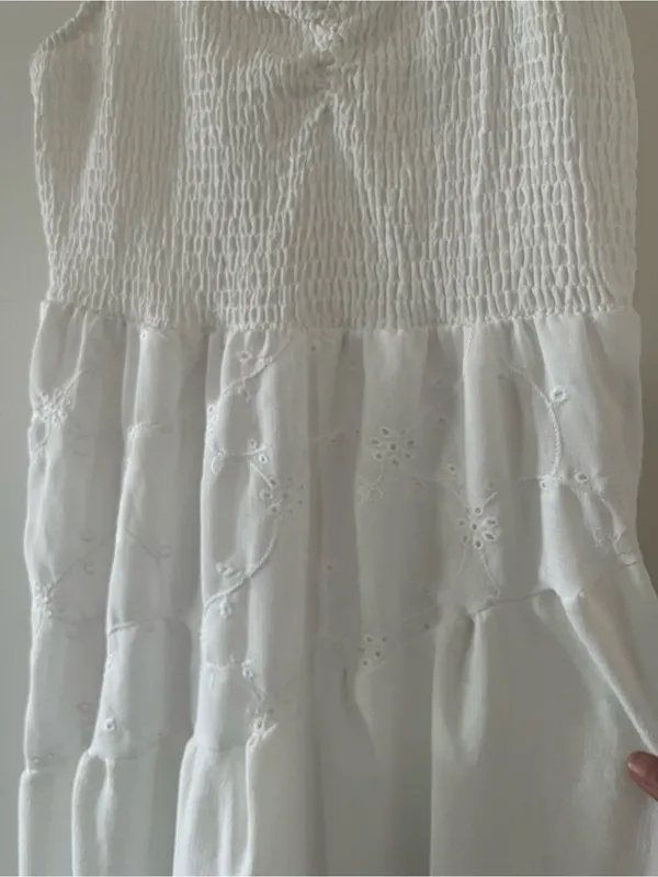 White Eyelet Smocked Tiered Maxi Dress Large Coastal Euro Summer Beach Resort - Image 4
