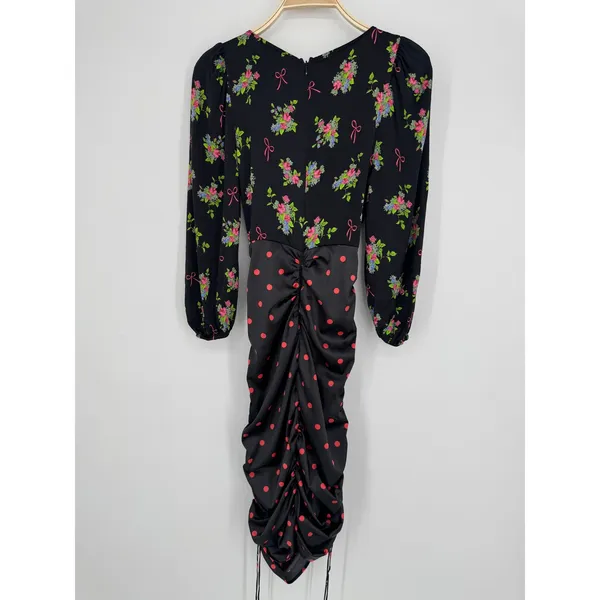 For Love‎ & Lemons Wilson Print Dress Small Black Floral Polka Dot Ruched Mini - Image 7