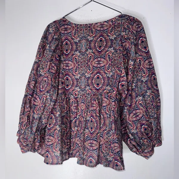 Banana Republic Factory XS Paisley Boho‎ Peasant Peplum Blouse Balloon Sleeve - Image 2